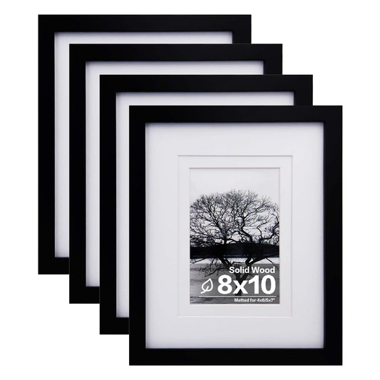 Egofine 8x10 Picture Frames Set of 4, Made of Solid Wood Covered by Plexiglass 4x6 and 5x7 with Mat or 8x10 without Mat, for Table Top Display and Wall Mounting Photo Frame Black